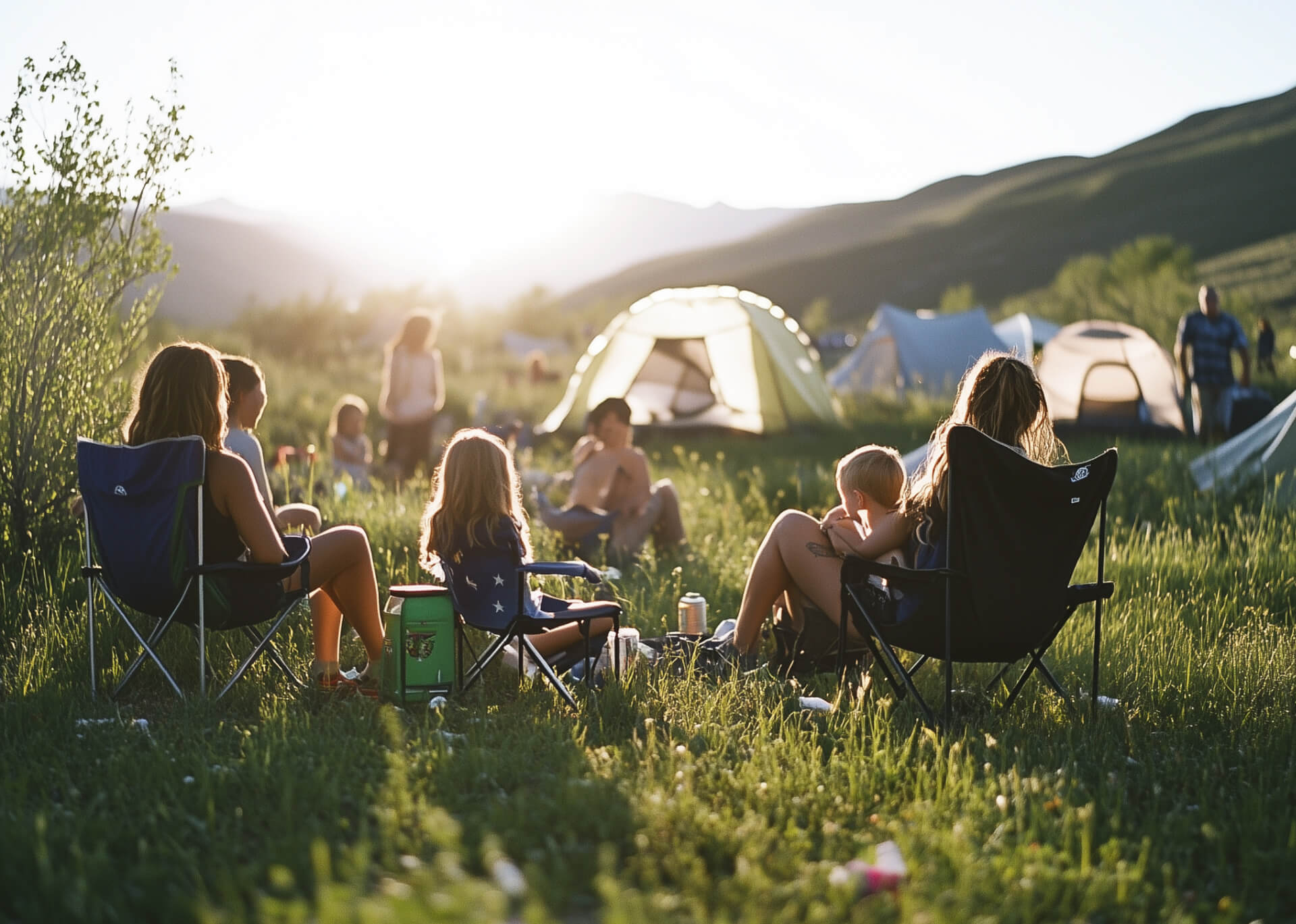 Adults and kids camping in the wilderness