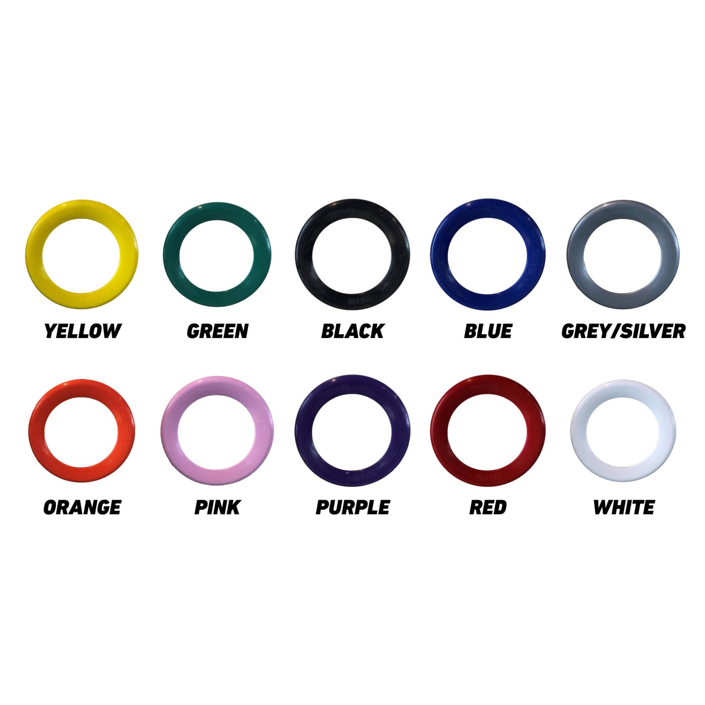 First-N-Ten rings in all ten colors with labels to help identify them: black, blue, grey/silver, pink, orange, green, red, white, yellow, purple