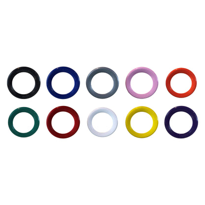 First-N-Ten rings in all ten colors: black, blue, grey/silver, pink, orange, green, red, white, yellow, purple