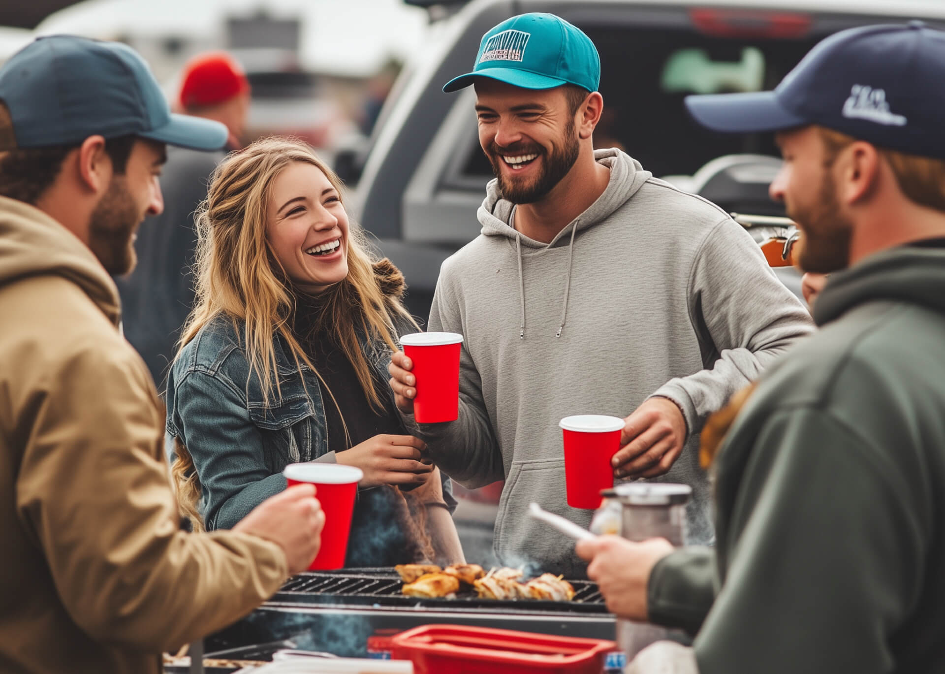 Four friends at a tailgate holding red cups over a barbecue, laughing